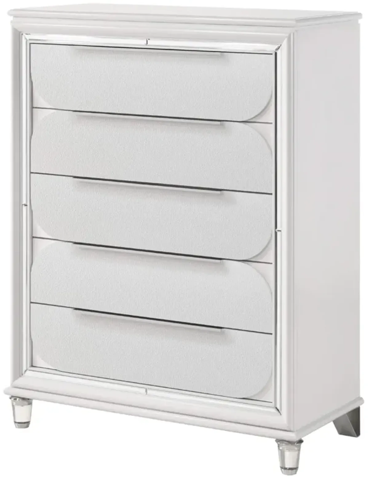 Benjara RARA 51 Inch Tall Dresser Chest, 5 Drawer, Mirror Trim, Acrylic, White and Silver