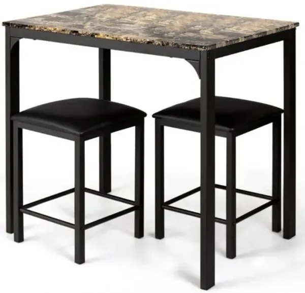 Hivvago Modern 3-Piece Dining Set Brown Faux Marble Table-Top and 2 Black Chairs Stools