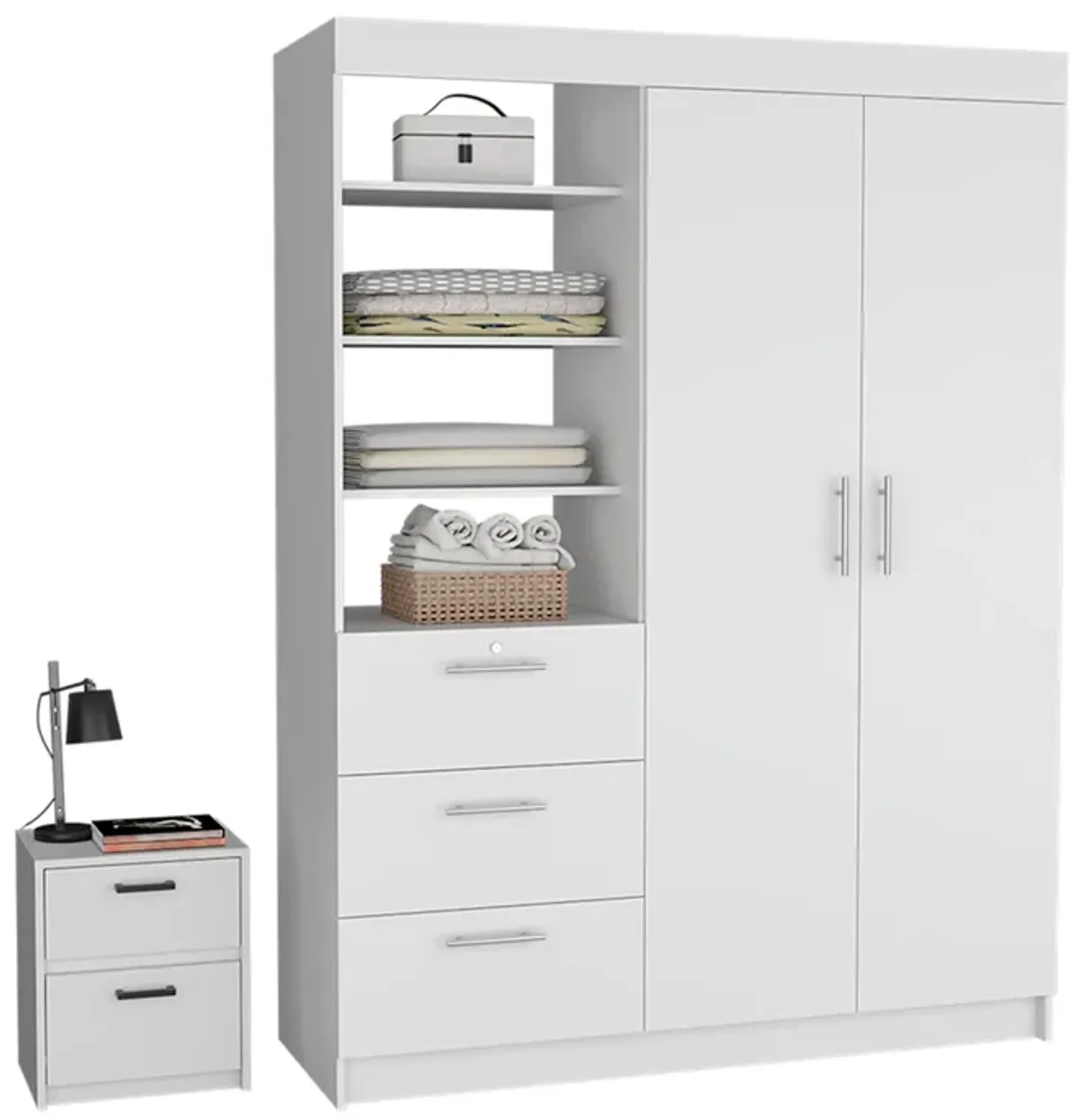 Karval 2 Piece Bedroom Set, Armoire + Nightstand, White