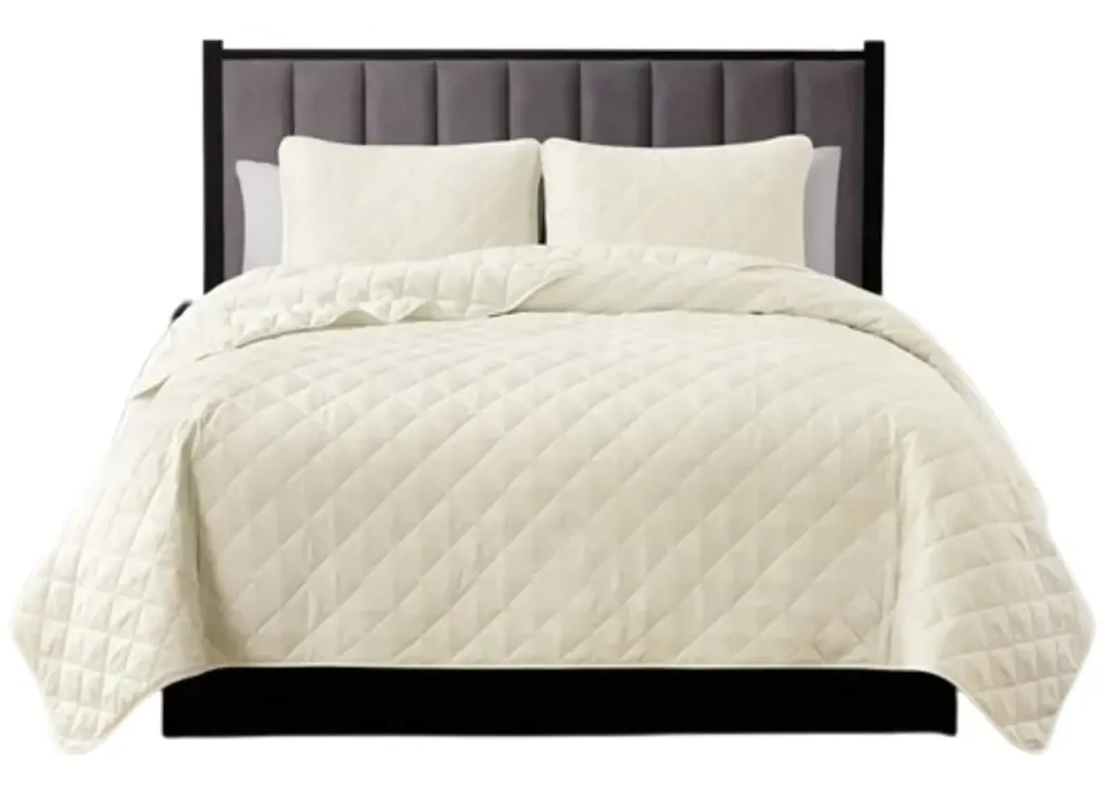 Full Queen 3 Piece Ivory Polyester Microfiber Reversible Diamond Quilt Set