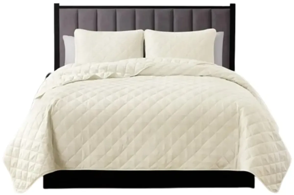 Full Queen 3 Piece Ivory Polyester Microfiber Reversible Diamond Quilt Set