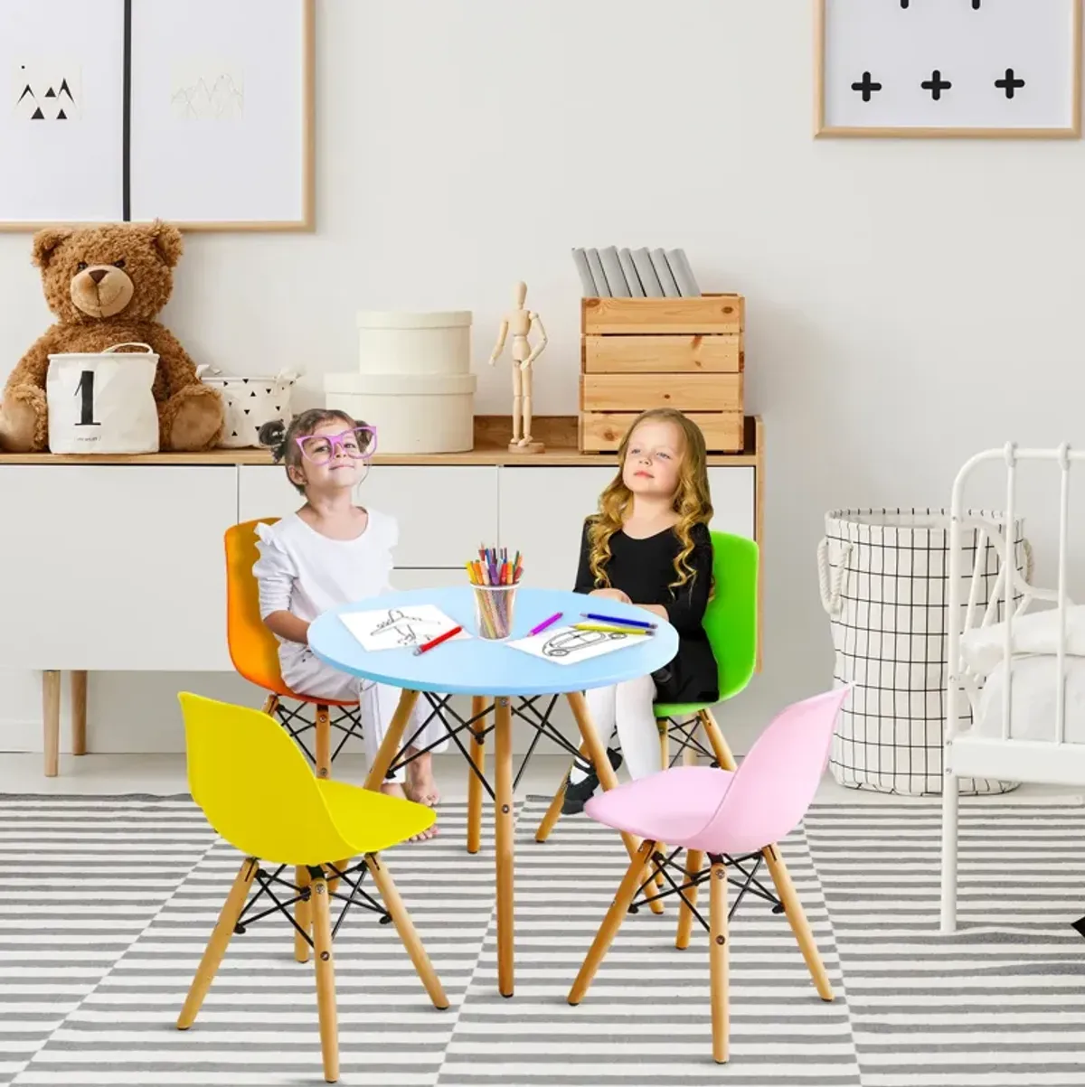 5 Pieces Kids Mid-Century Modern Table Chairs Set