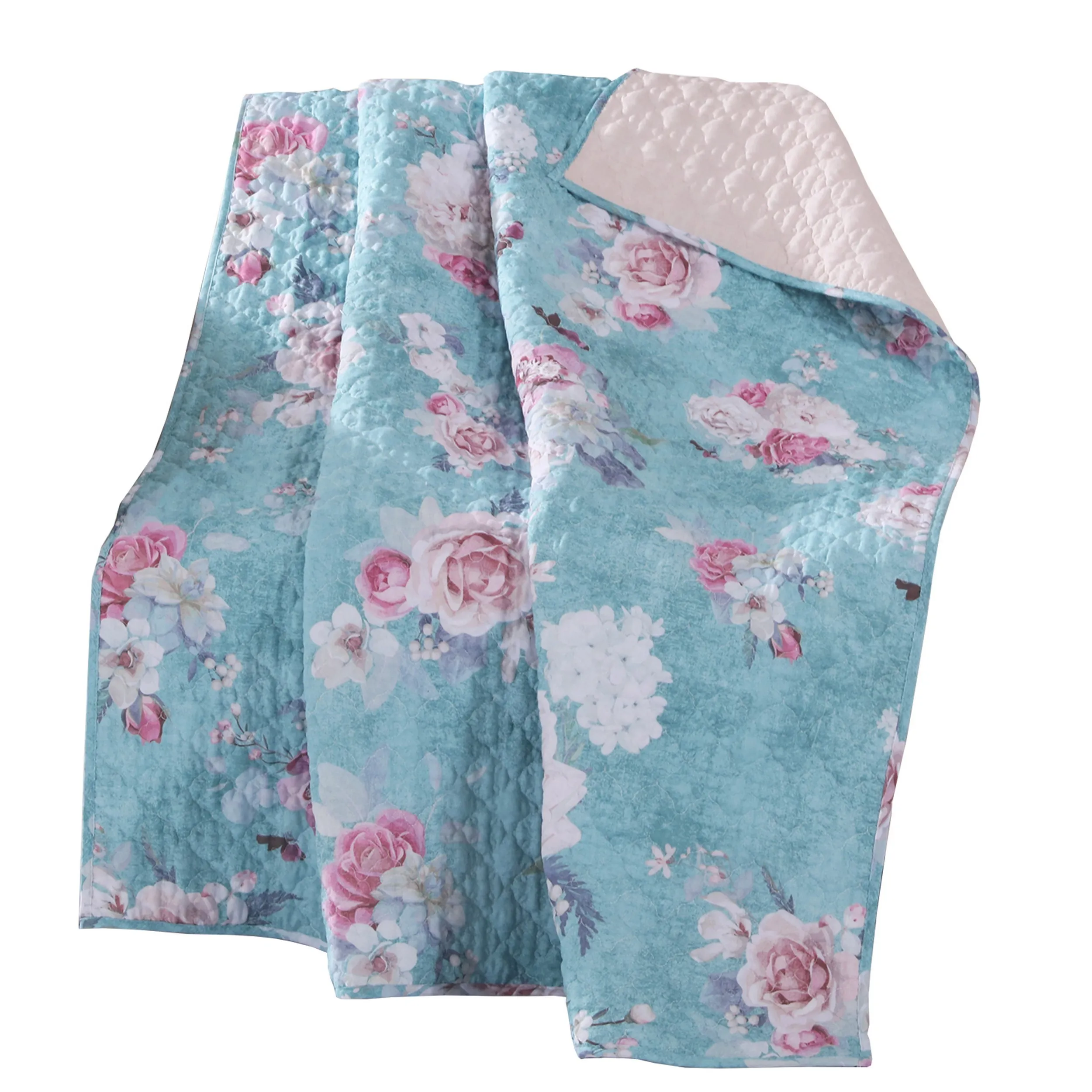 50 x 60 Inch Microfiber Throw Blanket, Floral Print, Blue, Pink, White - Benzara