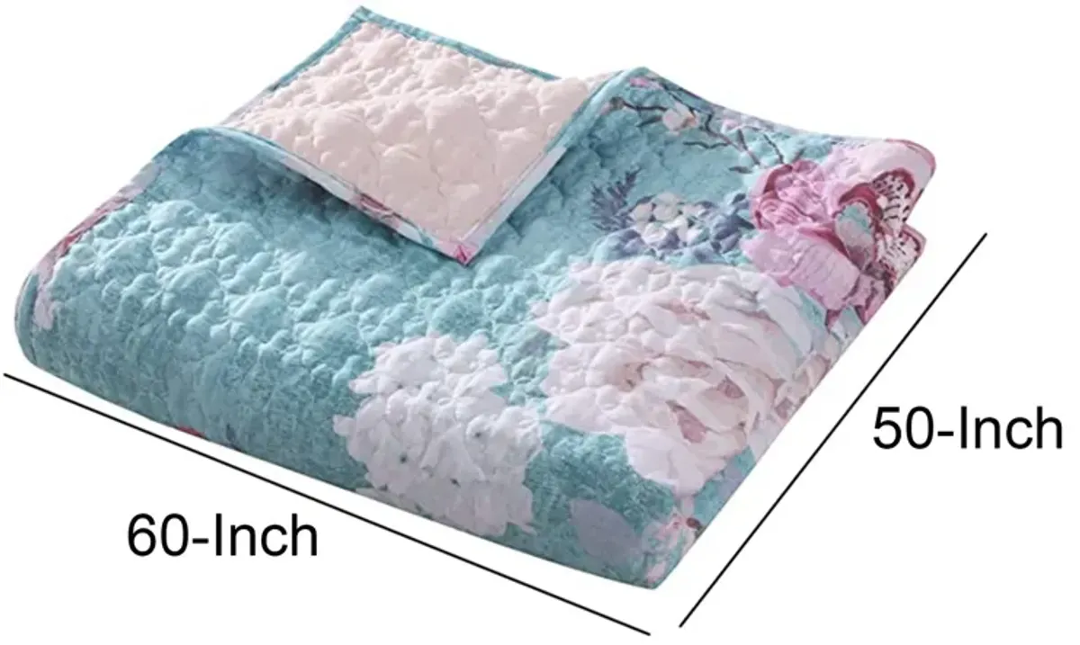 50 x 60 Inch Microfiber Throw Blanket, Floral Print, Blue, Pink, White - Benzara