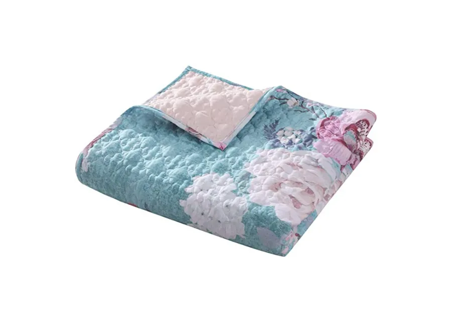 50 x 60 Inch Microfiber Throw Blanket, Floral Print, Blue, Pink, White - Benzara