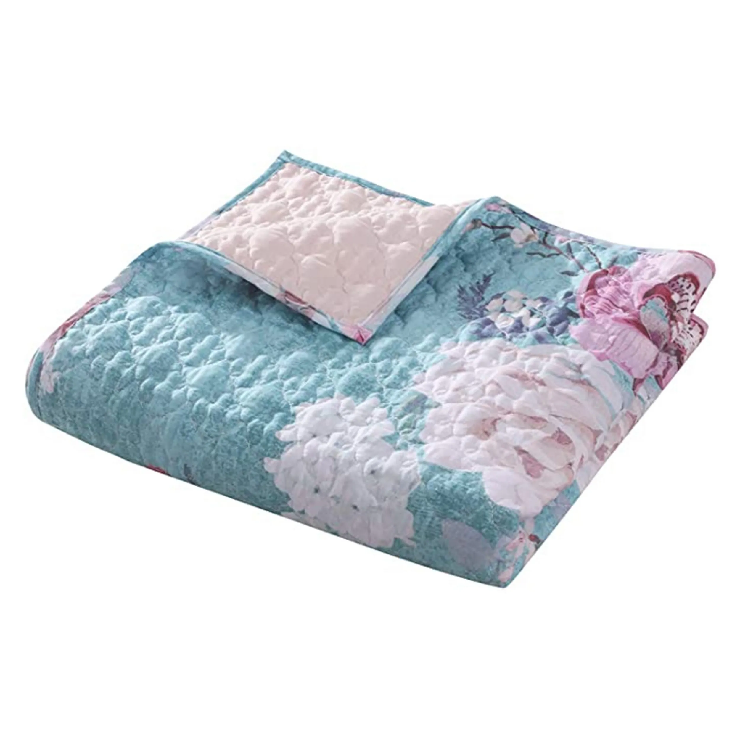 50 x 60 Inch Microfiber Throw Blanket, Floral Print, Blue, Pink, White - Benzara