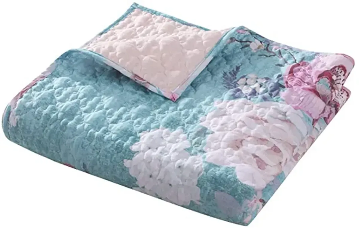 50 x 60 Inch Microfiber Throw Blanket, Floral Print, Blue, Pink, White - Benzara