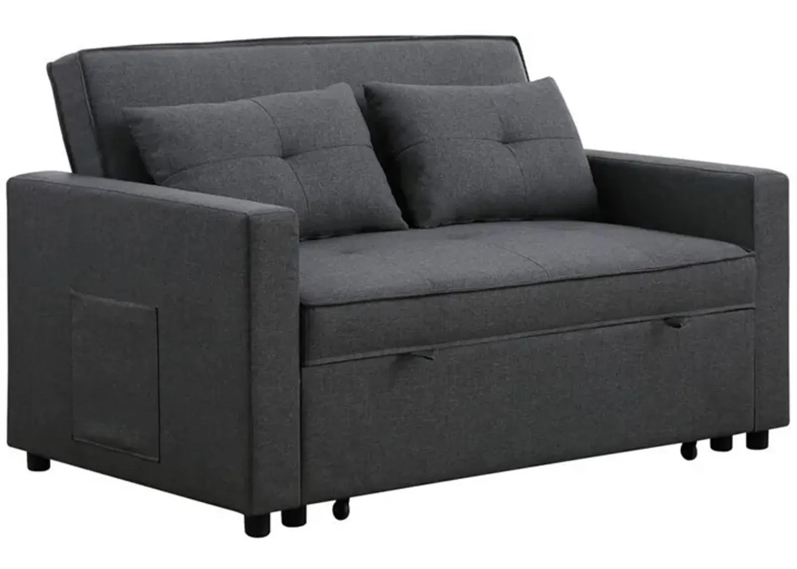 Vito 56 Inch Convertible Sleeper Loveseat with Side Pocket, Dark Gray Linen-Benzara