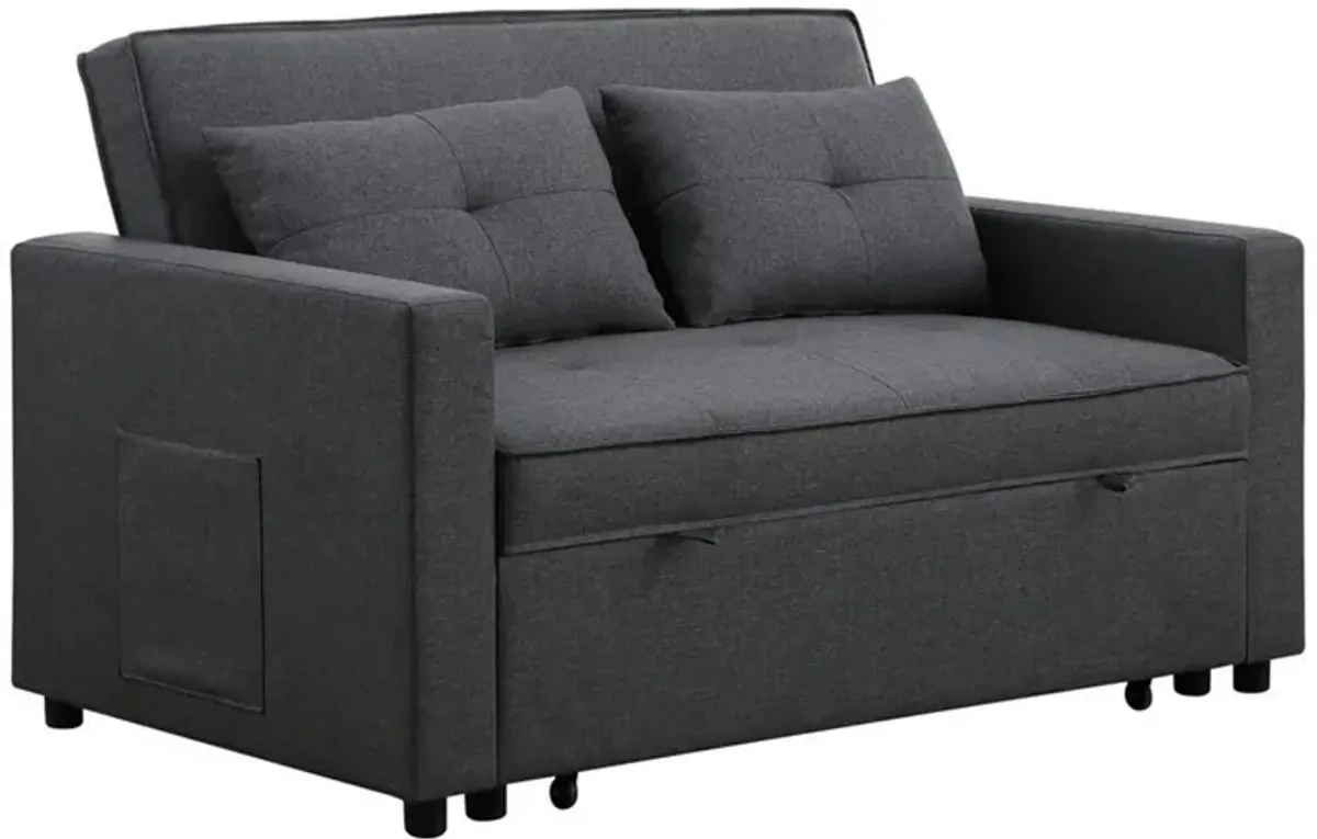 Vito 56 Inch Convertible Sleeper Loveseat with Side Pocket, Dark Gray Linen-Benzara