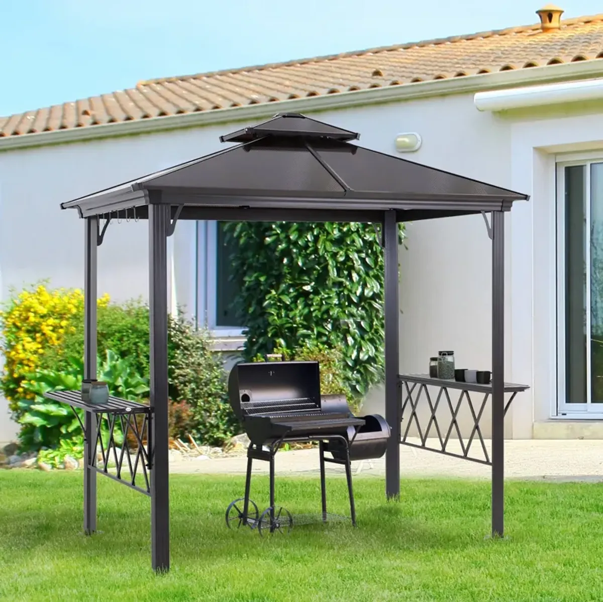 Black Coffee BBQ Haven: 8.3ft Patio Canopy Gazebo with Utensil Hooks