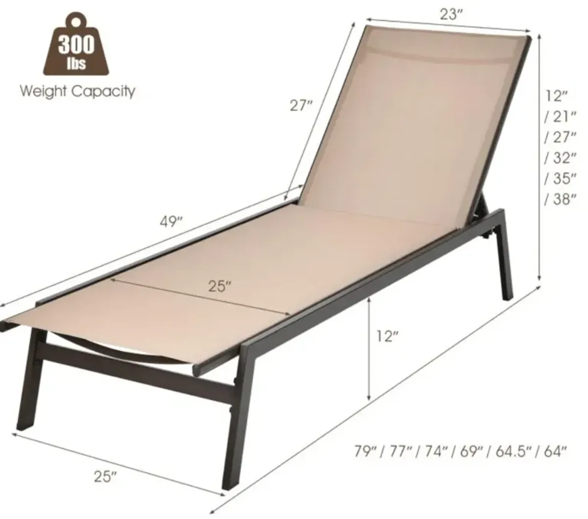 Hivvago Outdoor Reclining Chaise Lounge Chair with 6-Position Adjustable Back