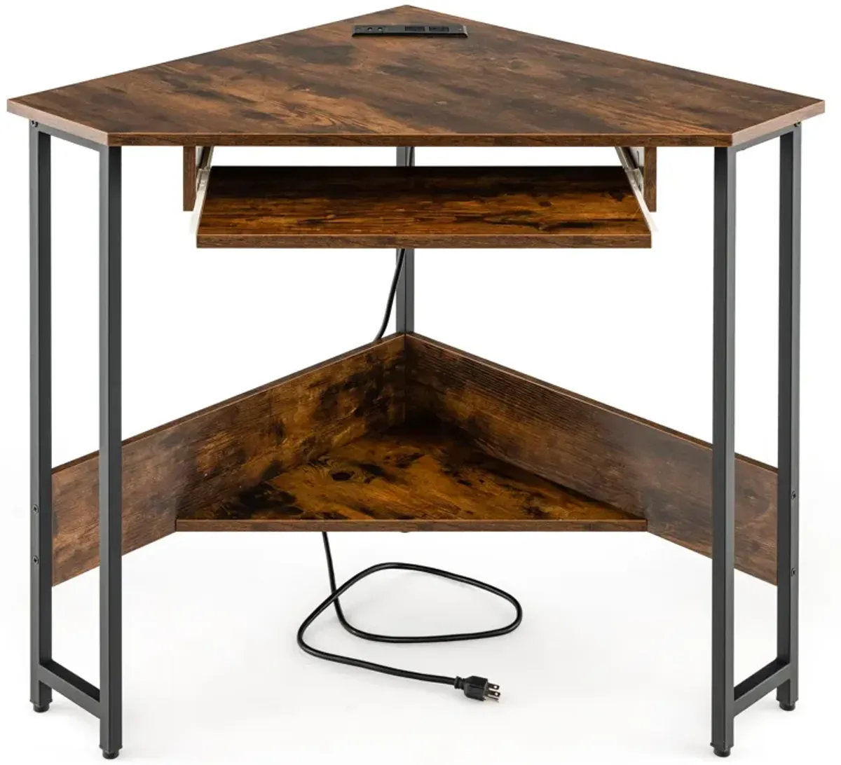 Triangle Corner Desk with Charging Station Keyboard Tray and Storage Shelf-Rustic Brown