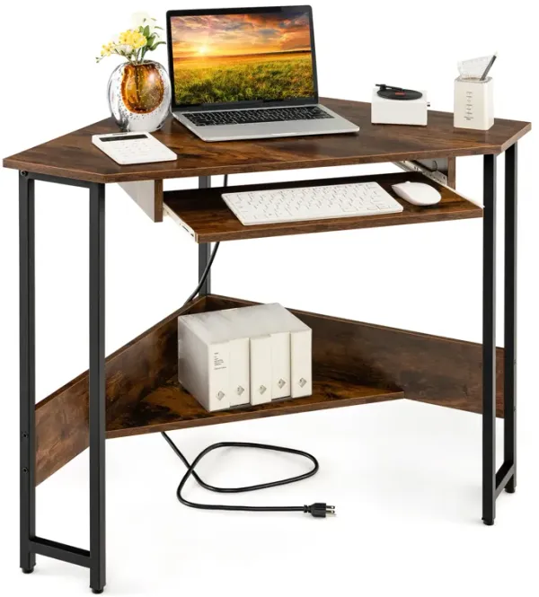 Triangle Corner Desk with Charging Station Keyboard Tray and Storage Shelf-Rustic Brown