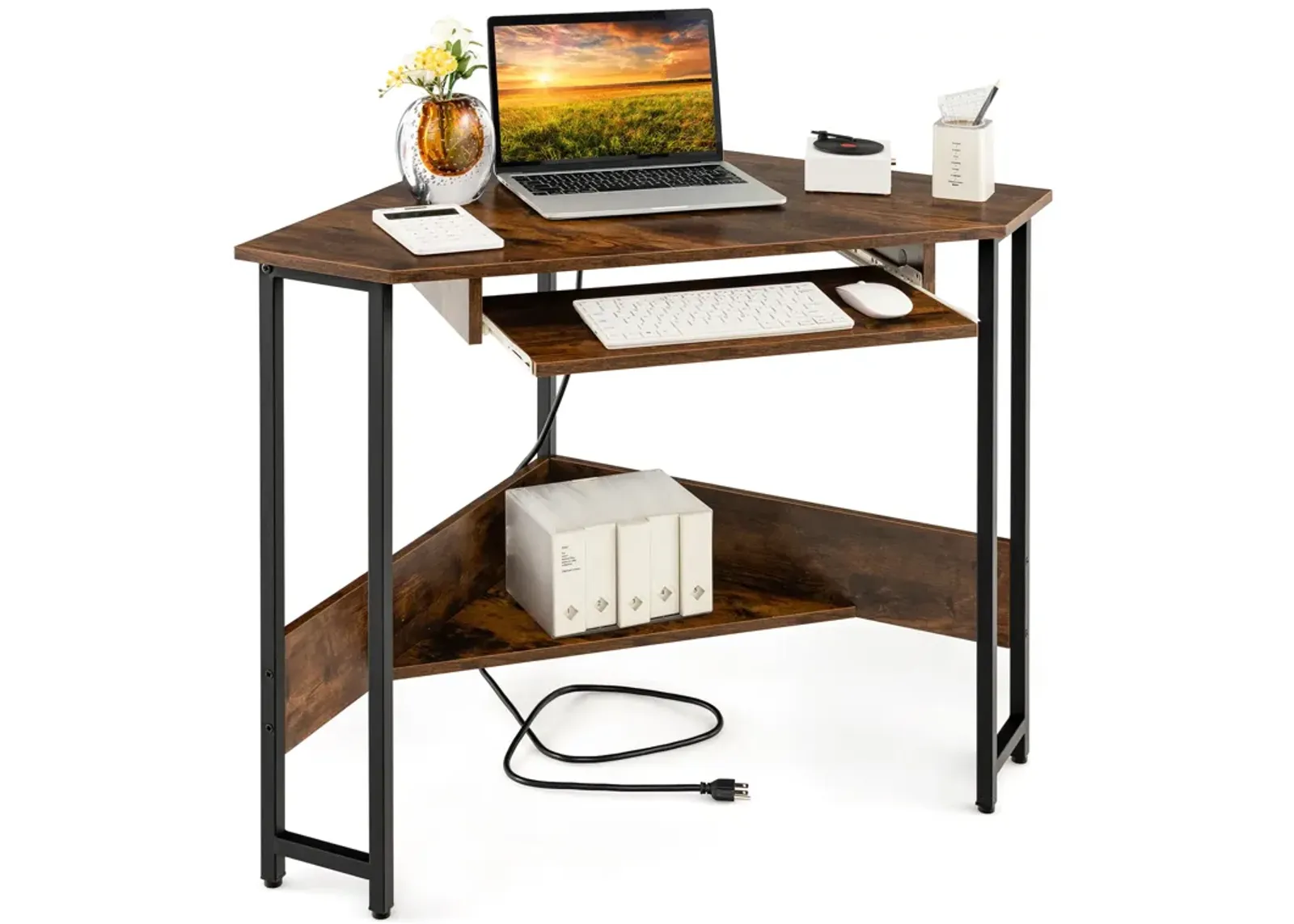 Triangle Corner Desk with Charging Station Keyboard Tray and Storage Shelf-Rustic Brown