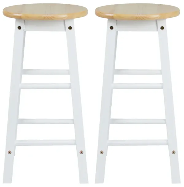 24 Inch Handcrafted Rubberwood Counter Height Stool, Backless, Round Seat, Set of 2, White, Brown-Benzara