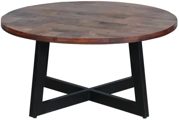 31 Inch Round Mango Wood Farmhouse Coffee Table, X Shaped Iron Frame, Brown, Black