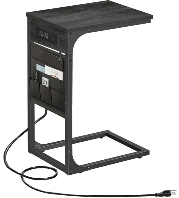 TUTOTAK C Shaped End Table with Charging Station, Side Table for Sofa, Couch Table with Storage Bag, TV Tray Table with 2 USB Po