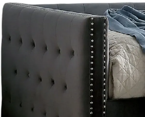 Suzo Daybed with Trundle, Gray Flannelette Upholstery, Nailhead Trim - Benzara