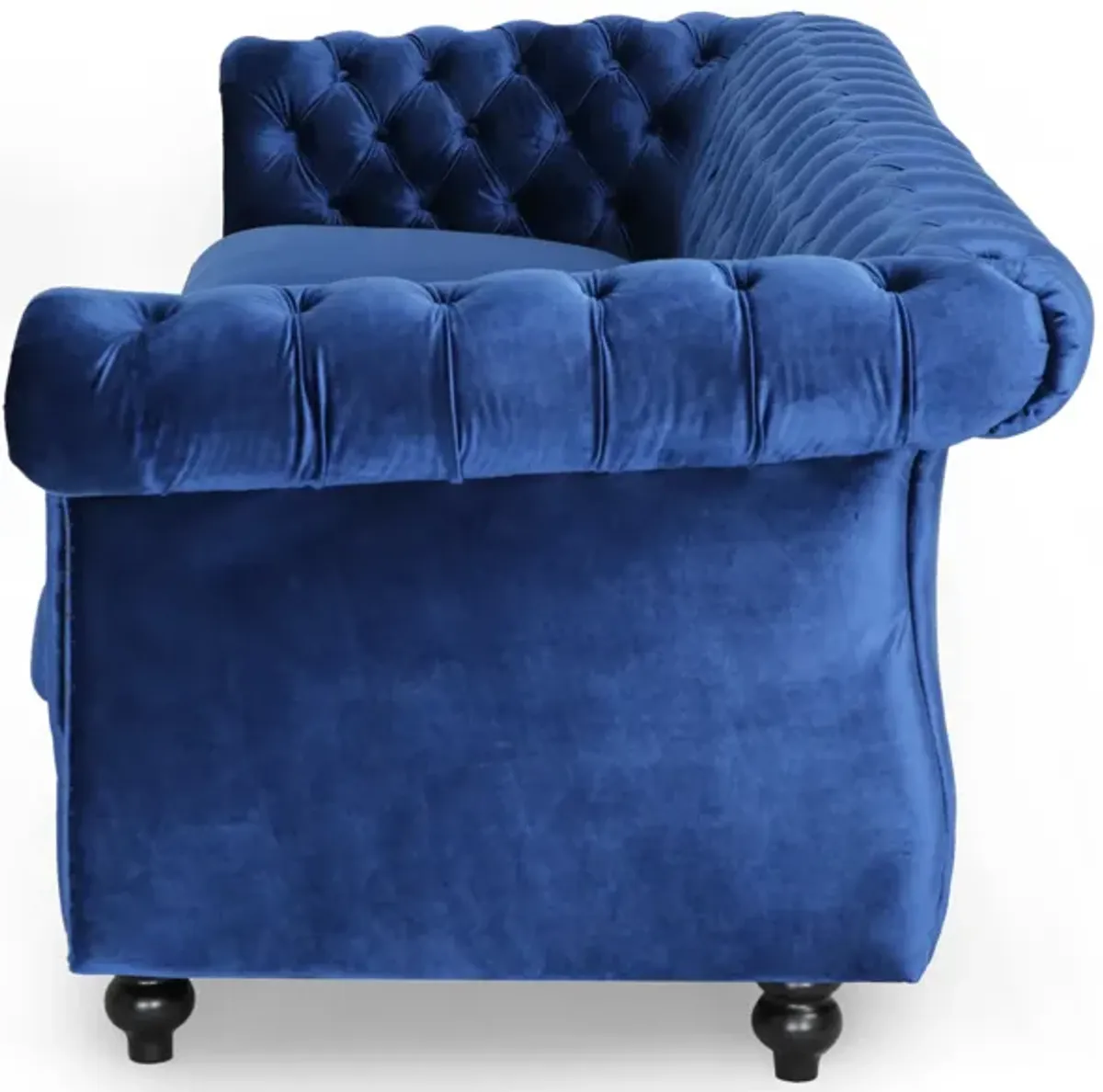 Feji Sofa, Nailhead Trim, Classic Button Tufted Navy Blue Velvet - Benzara