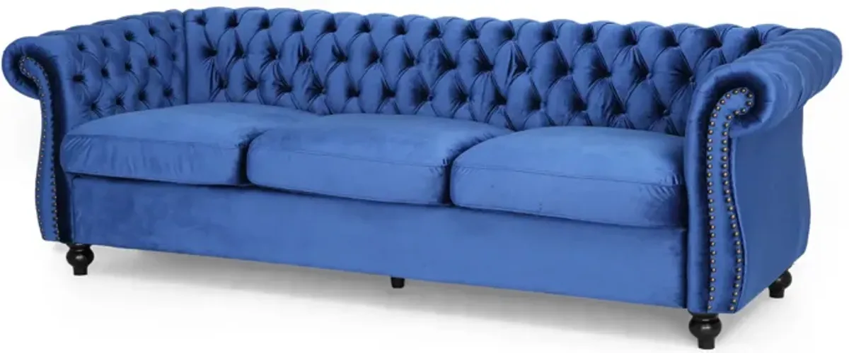 Feji Sofa, Nailhead Trim, Classic Button Tufted Navy Blue Velvet - Benzara