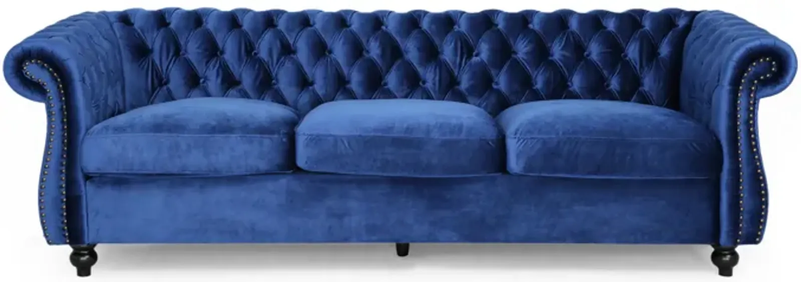 Feji Sofa, Nailhead Trim, Classic Button Tufted Navy Blue Velvet - Benzara