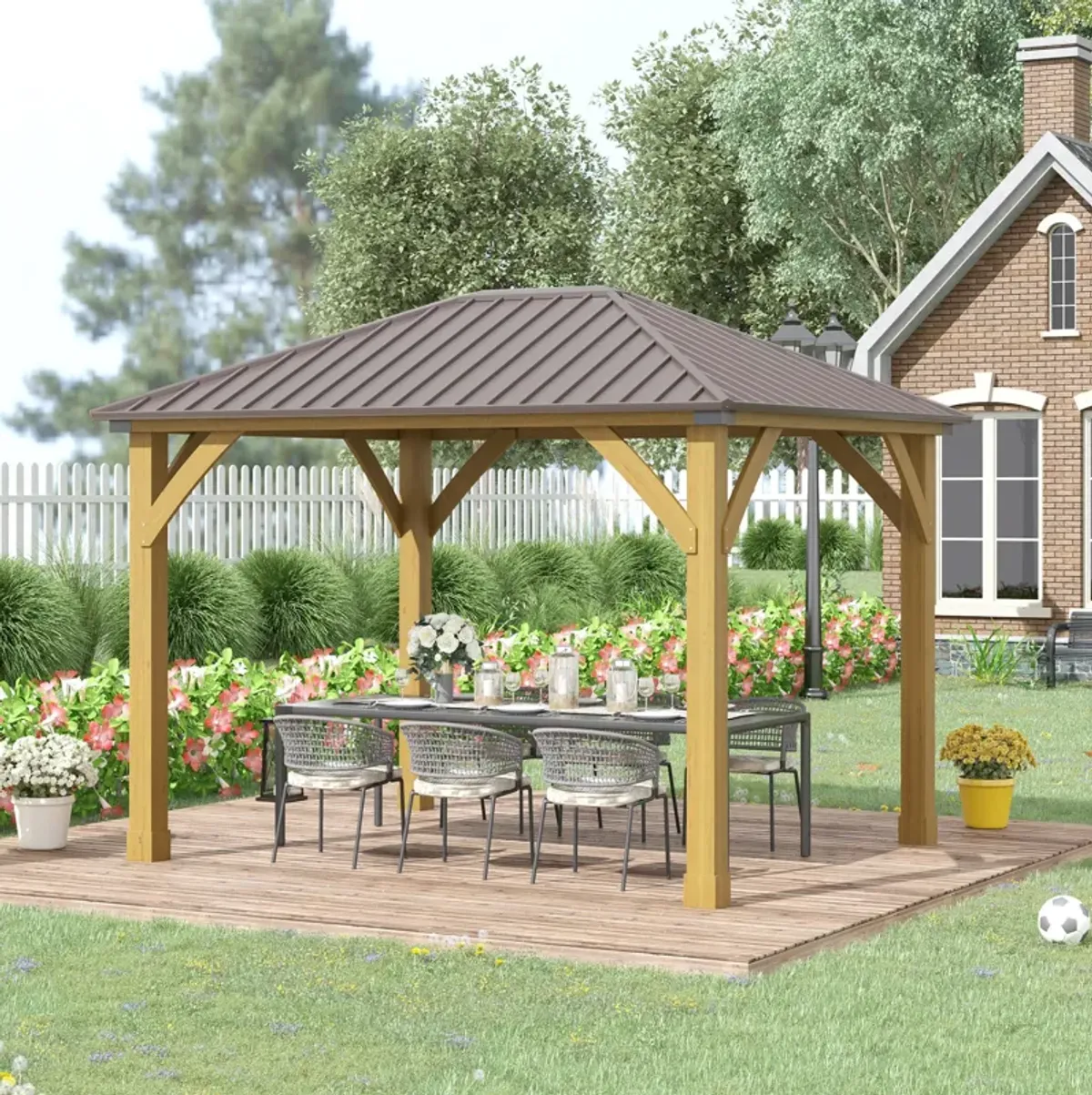 Brown Outdoor Structure: 10x12 Galvanized Steel Gazebo with Wood Frame