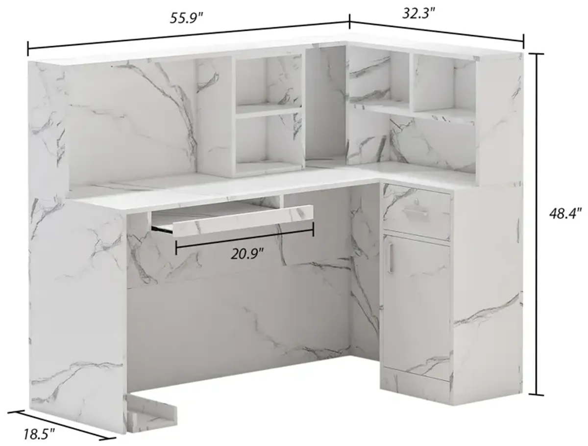 FUFU&GAGA Modern L-Shaped Office Desk with Hutch and Storage (55.9" L x 32.3" W x 48.4" H), Marble