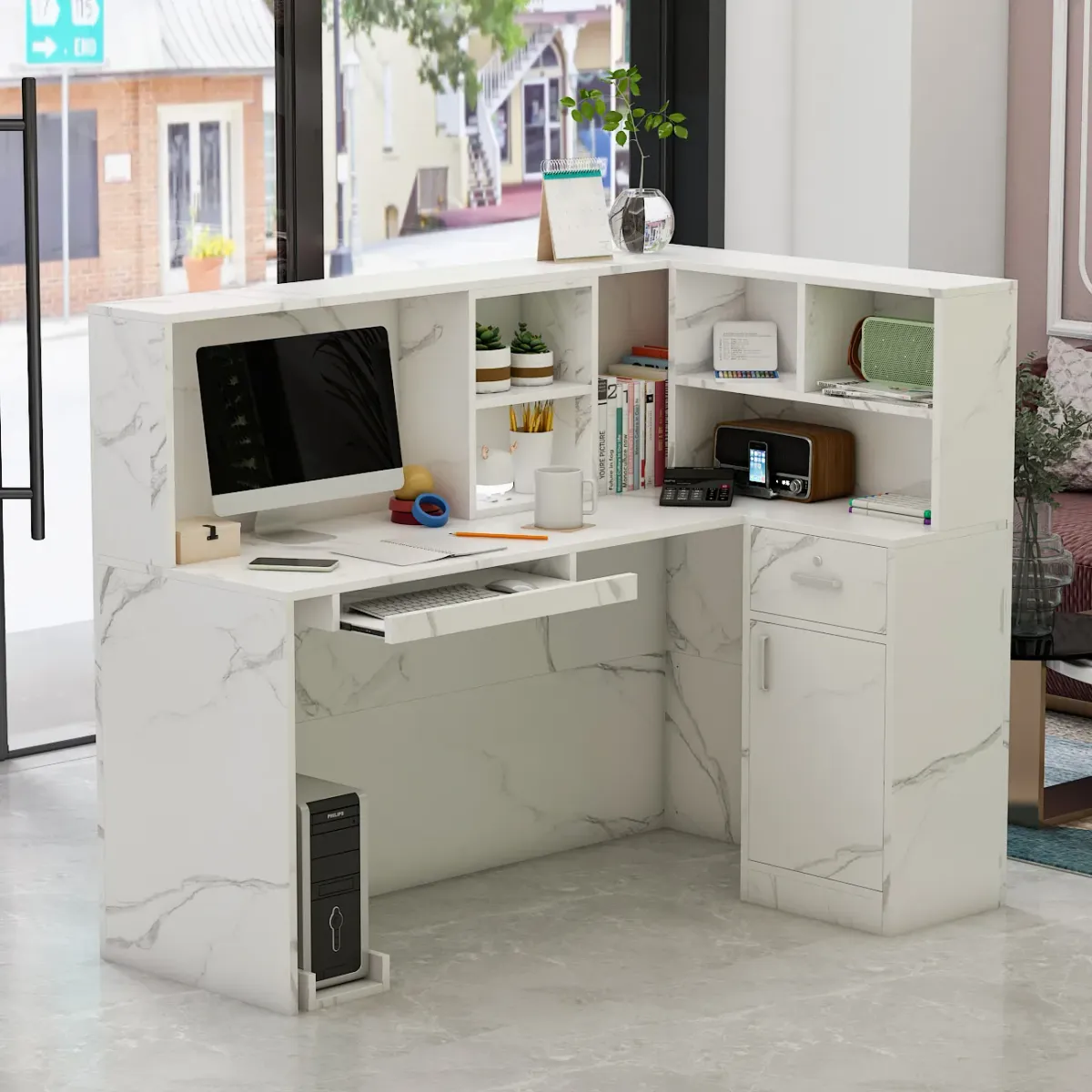 FUFU&GAGA Modern L-Shaped Office Desk with Hutch and Storage (55.9" L x 32.3" W x 48.4" H), Marble