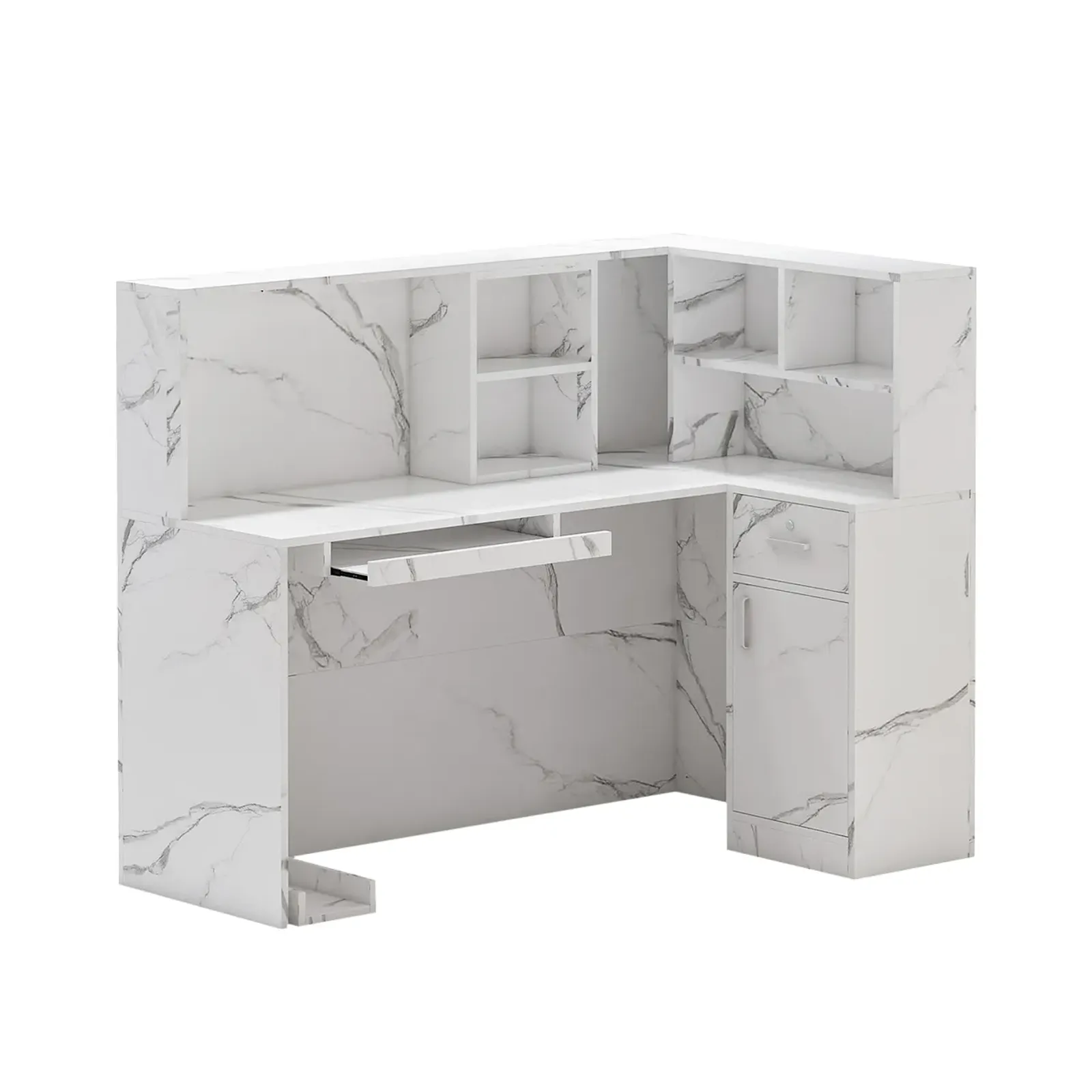 FUFU&GAGA Modern L-Shaped Office Desk with Hutch and Storage (55.9" L x 32.3" W x 48.4" H), Marble