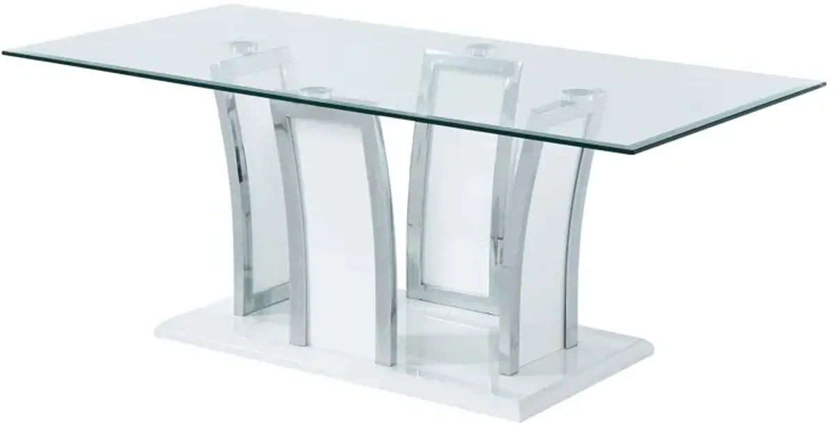 Contemporary Coffee Table with Chrome Trimmed Flared Base, White-Benzara