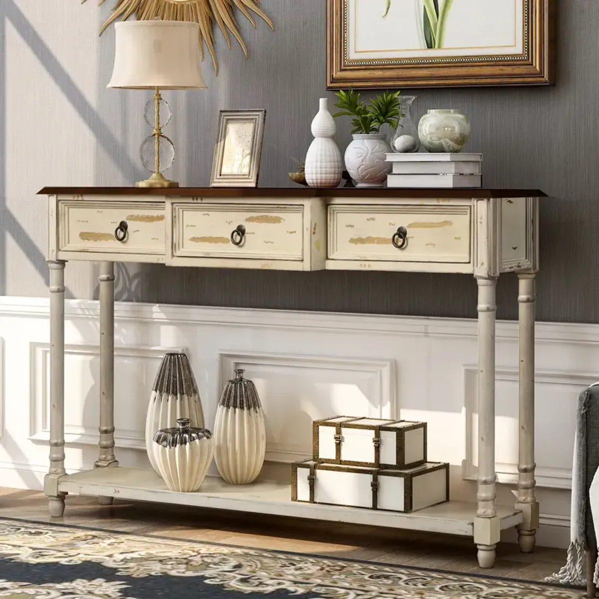 Console Table Sofa Table With Drawers For Entryway With Projecting Drawers And Long Shelf