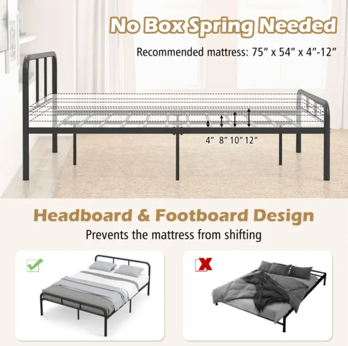 Hivvago Full Bed Frame with Headboard and Footboard No Box Spring Needed