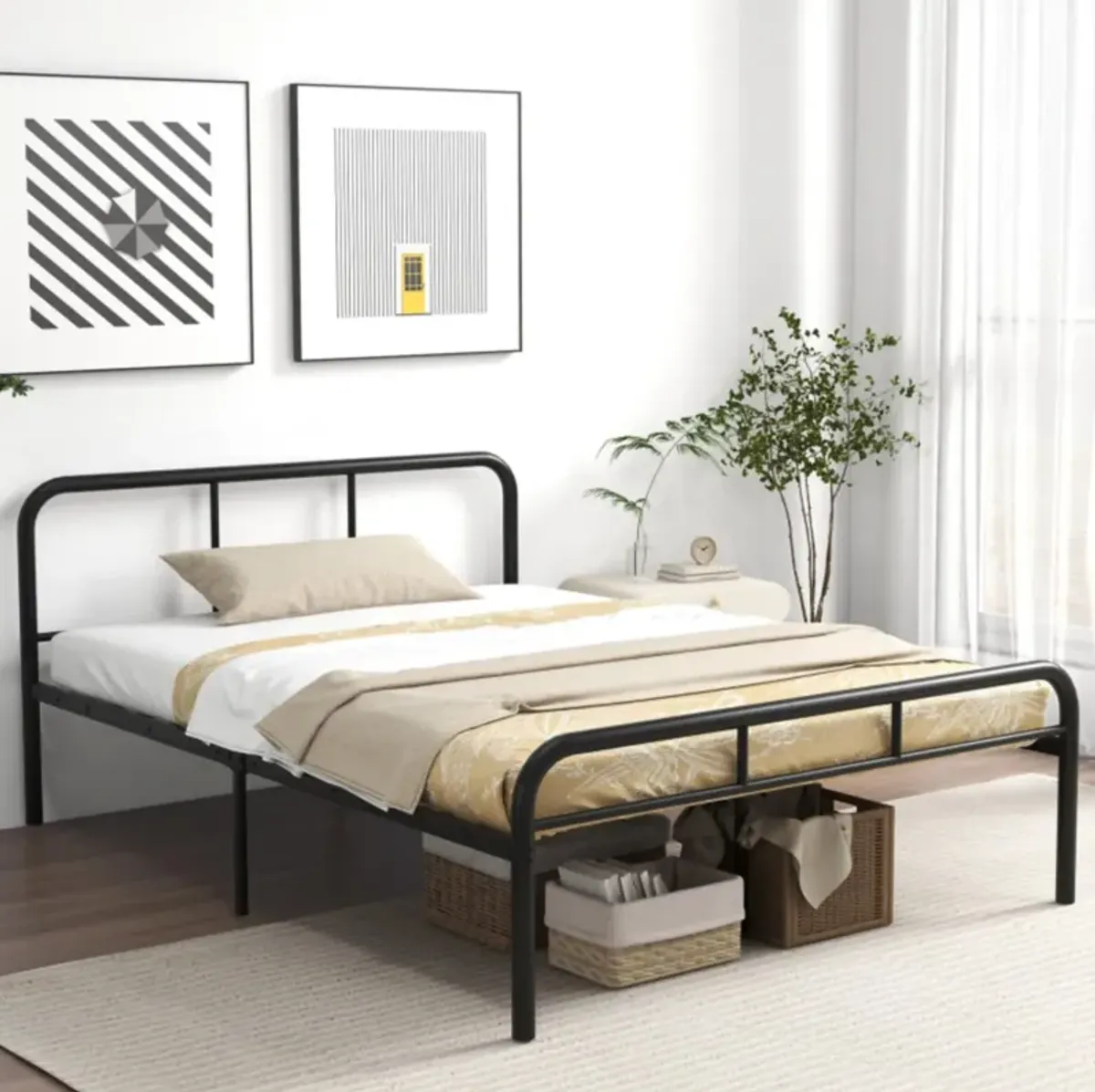 Hivvago Full Bed Frame with Headboard and Footboard No Box Spring Needed