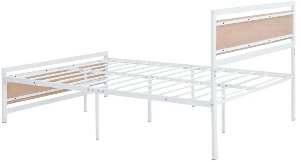 Full Size Platform Bed, Metal and Wood Bed Frame with Headboard and Footboard, White