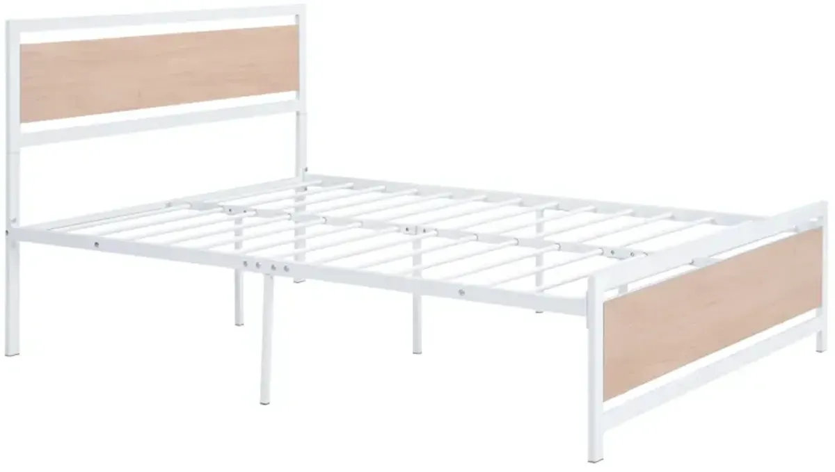 Full Size Platform Bed, Metal and Wood Bed Frame with Headboard and Footboard, White