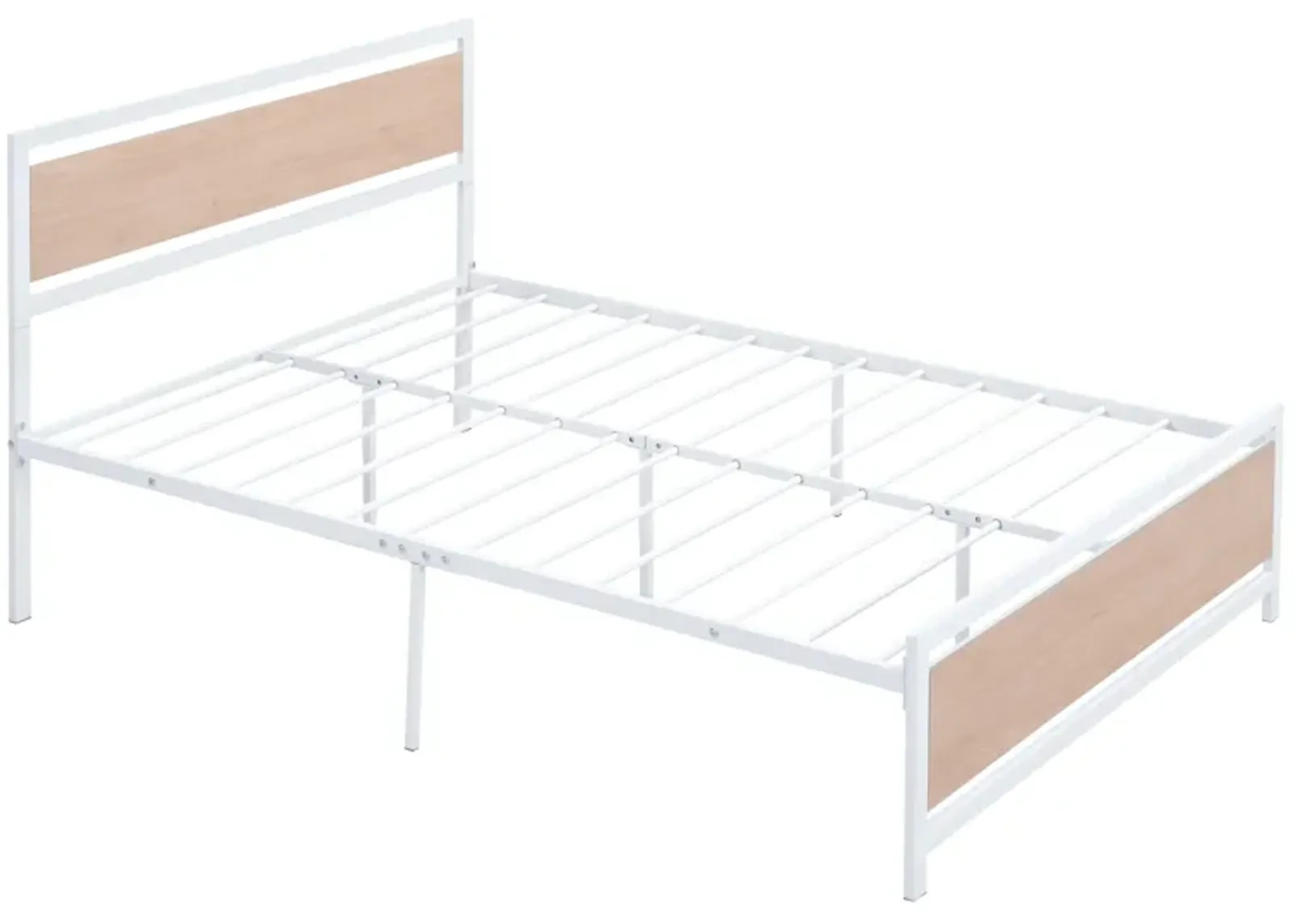 Full Size Platform Bed, Metal and Wood Bed Frame with Headboard and Footboard, White