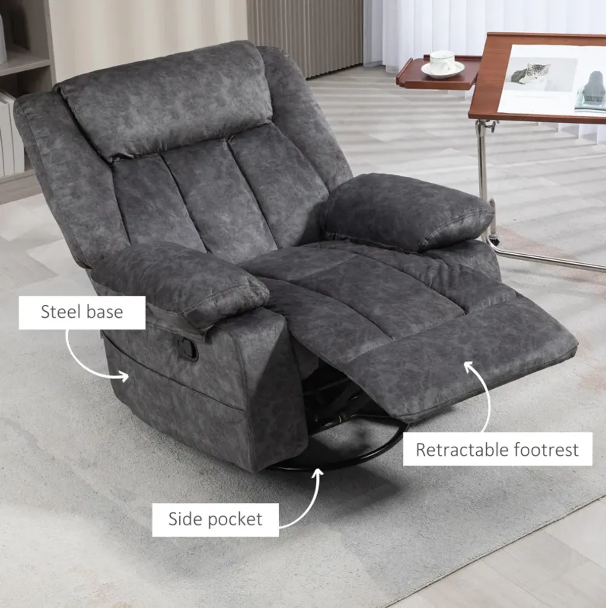 HOMCOM Recliner Chair, Swivel Rocker Chair for Nursery, Charcoal Gray