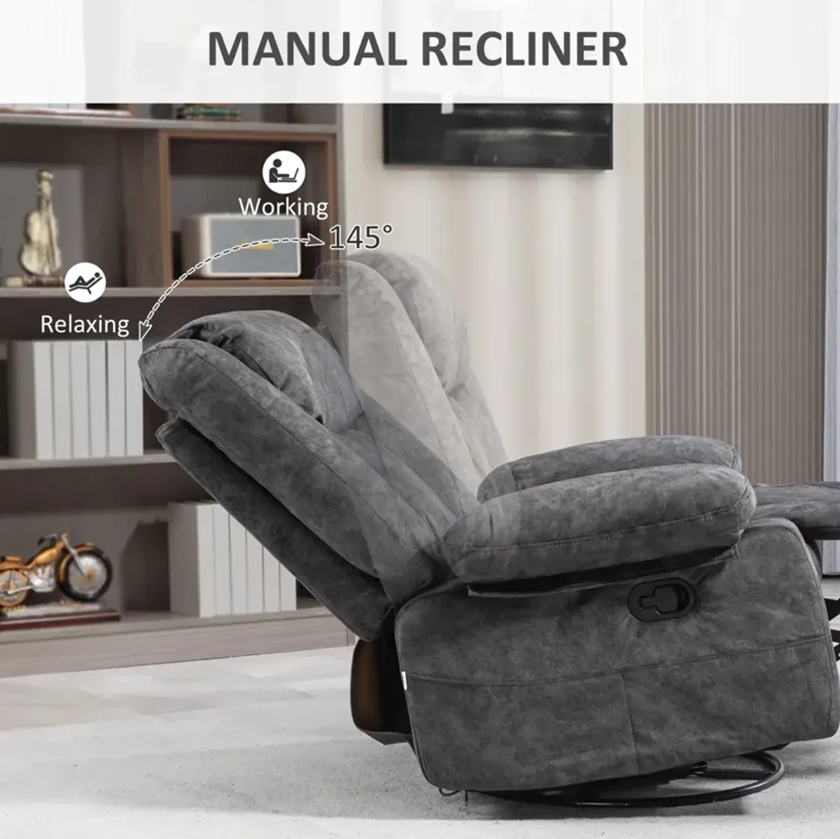 HOMCOM Recliner Chair, Swivel Rocker Chair for Nursery, Charcoal Gray