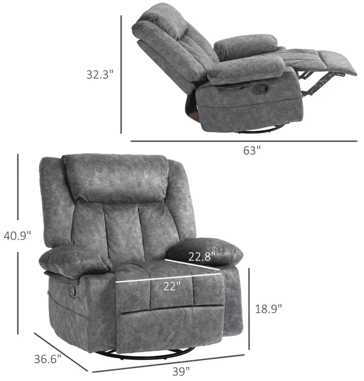 HOMCOM Recliner Chair, Swivel Rocker Chair for Nursery, Charcoal Gray