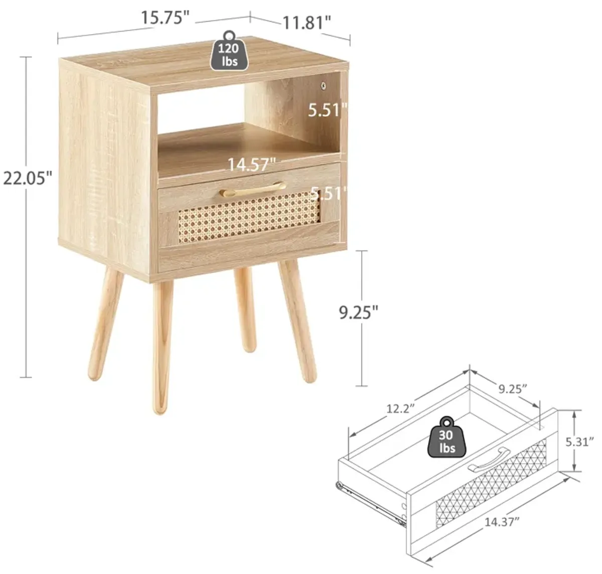 Rattan End table with drawer and solid wood legs, Modern nightstand, side table for living roon, bedroom,natural