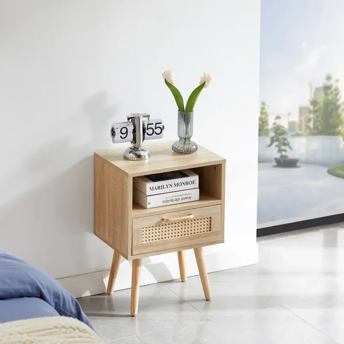 Rattan End table with drawer and solid wood legs, Modern nightstand, side table for living roon, bedroom,natural