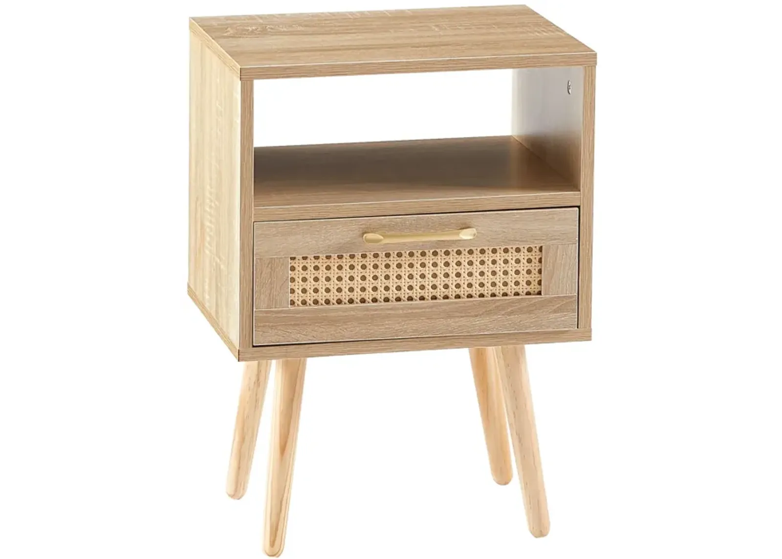 Rattan End table with drawer and solid wood legs, Modern nightstand, side table for living roon, bedroom,natural