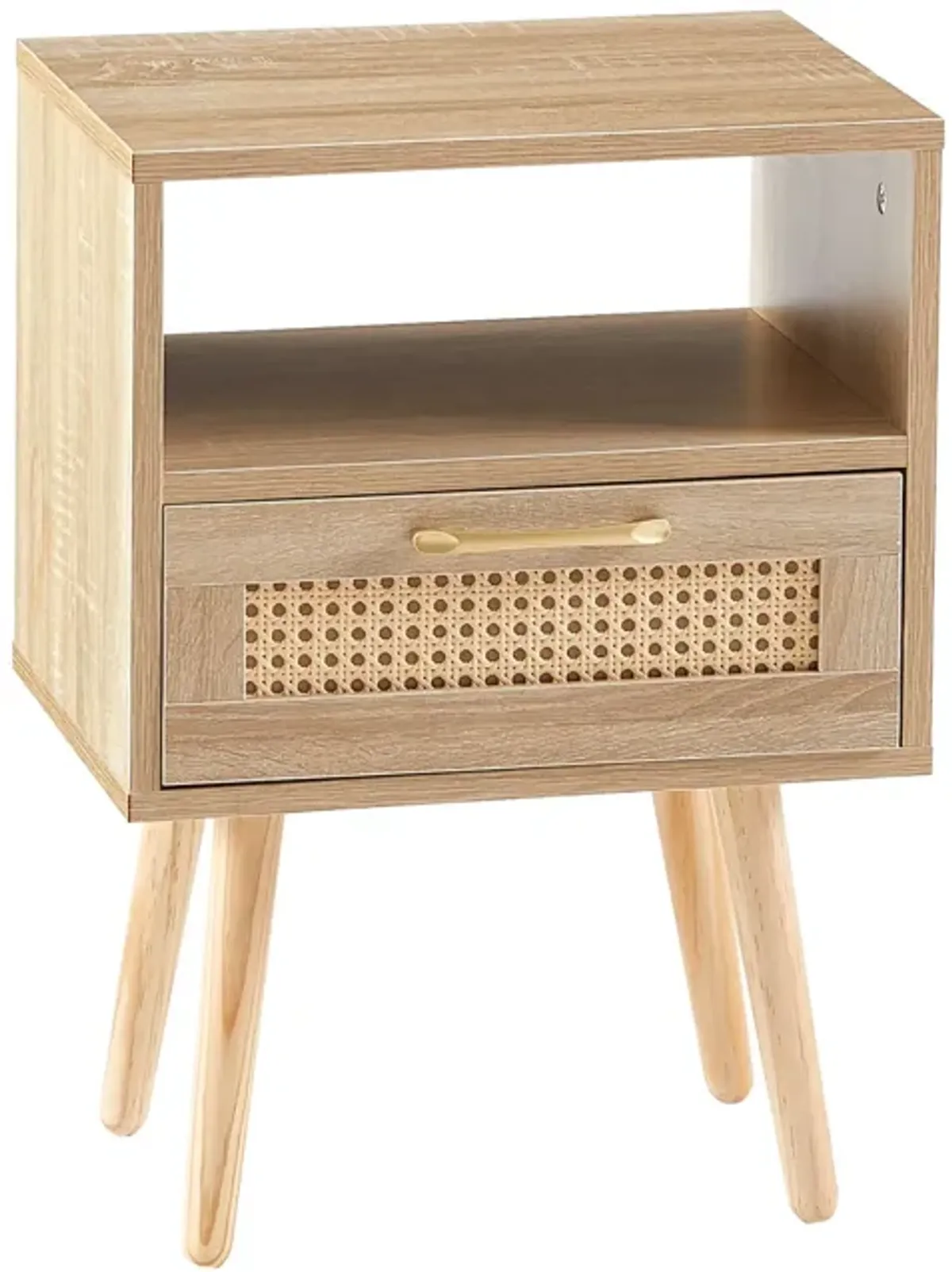 Rattan End table with drawer and solid wood legs, Modern nightstand, side table for living roon, bedroom,natural