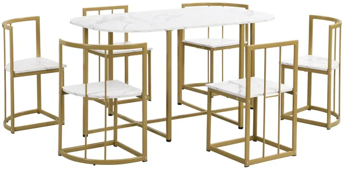 Modern 7-Piece Dining Table Set With Faux Marble Compact 5 5" Kitchen Table Set For 6, Gold