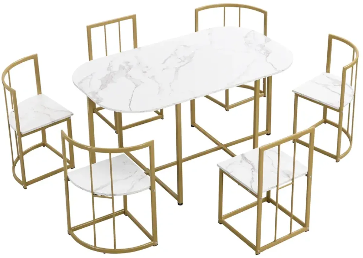 Modern 7-Piece Dining Table Set With Faux Marble Compact 5 5" Kitchen Table Set For 6, Gold