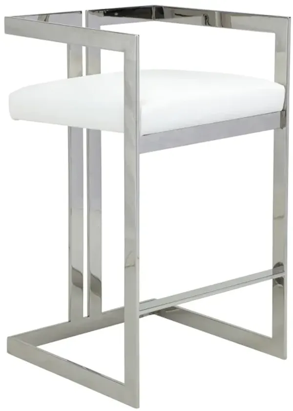 Suki 30 Inch Barstool Chair, White Faux Leather, Silver Stainless Steel - Benzara