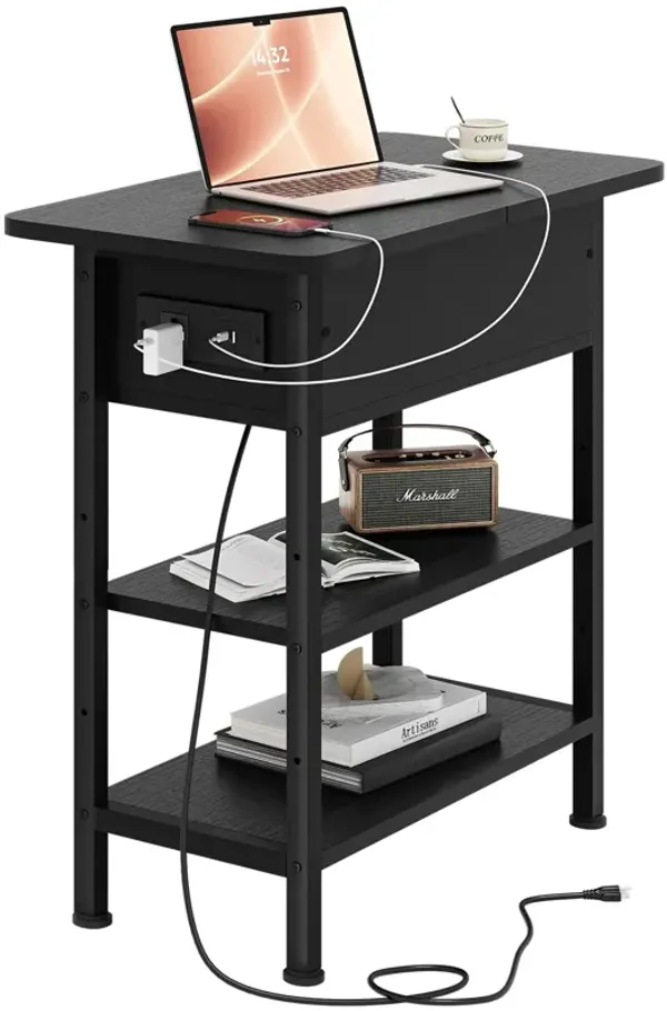 GRUSIGN End Table with Charging Station, Flip Top Side Table with USB Ports and Outlets, 3-Tier Small Side Table with Storage fo