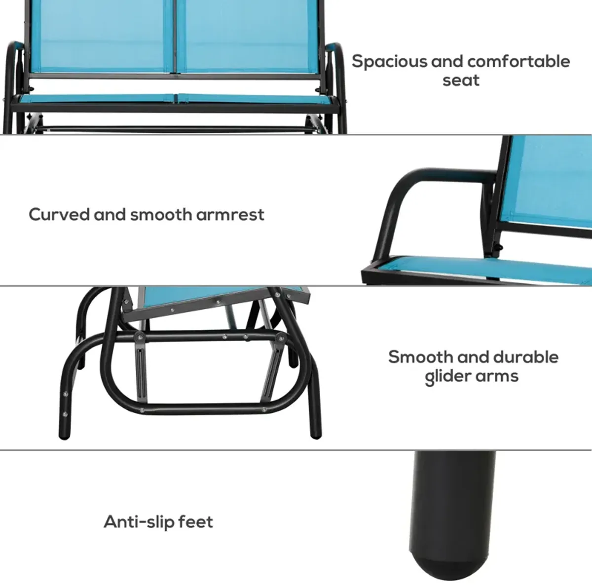 Outsunny 2-Person Outdoor Glider Bench, Patio Double Swing Rocking Chair Loveseat w/ Powder Coated Steel Frame for Backyard Garden Porch, Blue