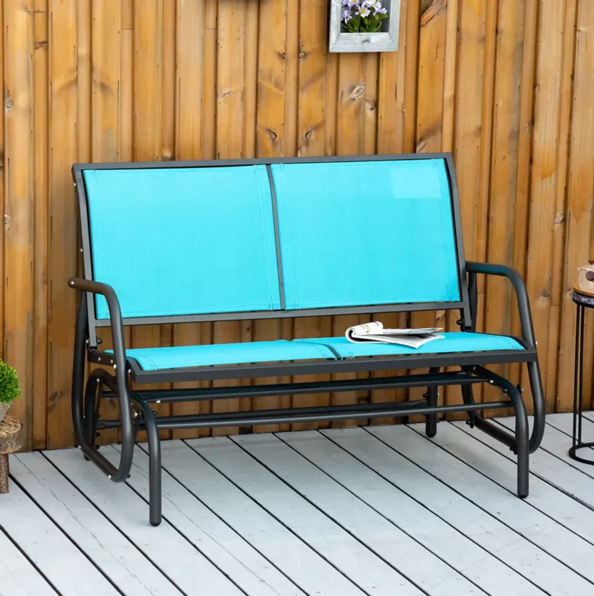 Outsunny 2-Person Outdoor Glider Bench, Patio Double Swing Rocking Chair Loveseat w/ Powder Coated Steel Frame for Backyard Garden Porch, Blue