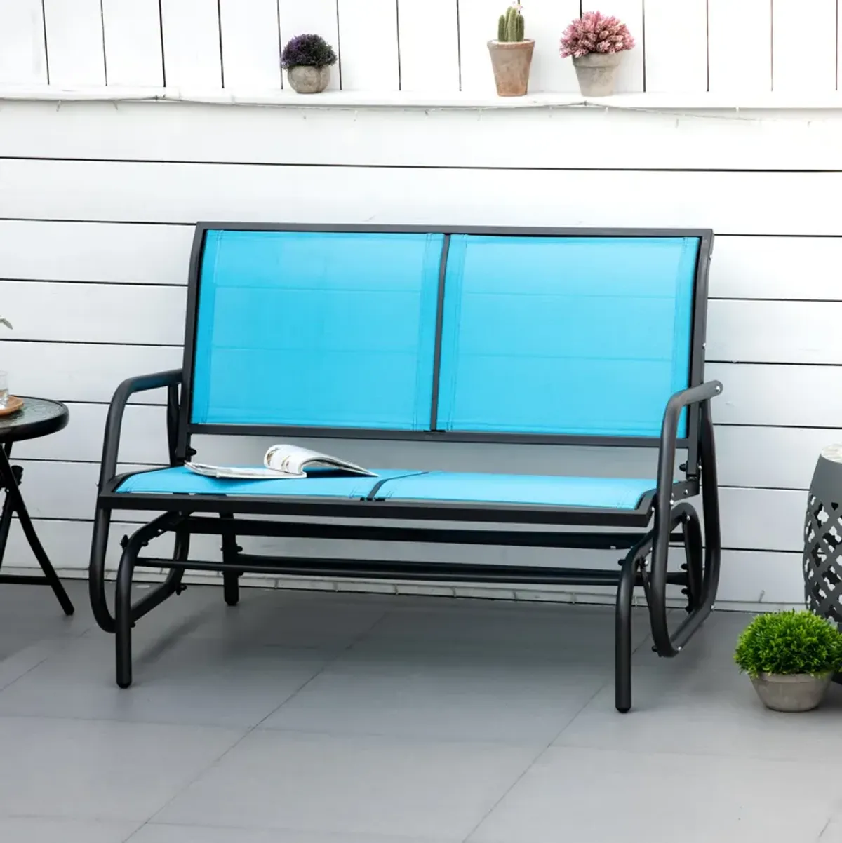 Outsunny 2-Person Outdoor Glider Bench, Patio Double Swing Rocking Chair Loveseat w/ Powder Coated Steel Frame for Backyard Garden Porch, Blue